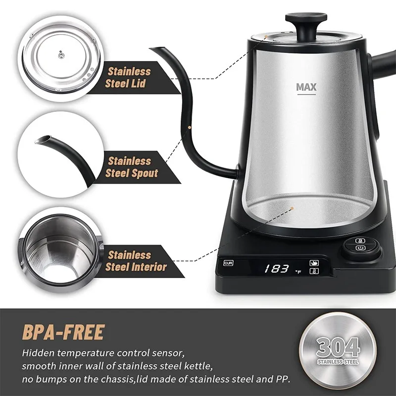 1200W Portable Gooseneck Kettle Water Boiler with Temperature Control LCD Display Auto Shut Off Pour Over Coffee Tea Kettle