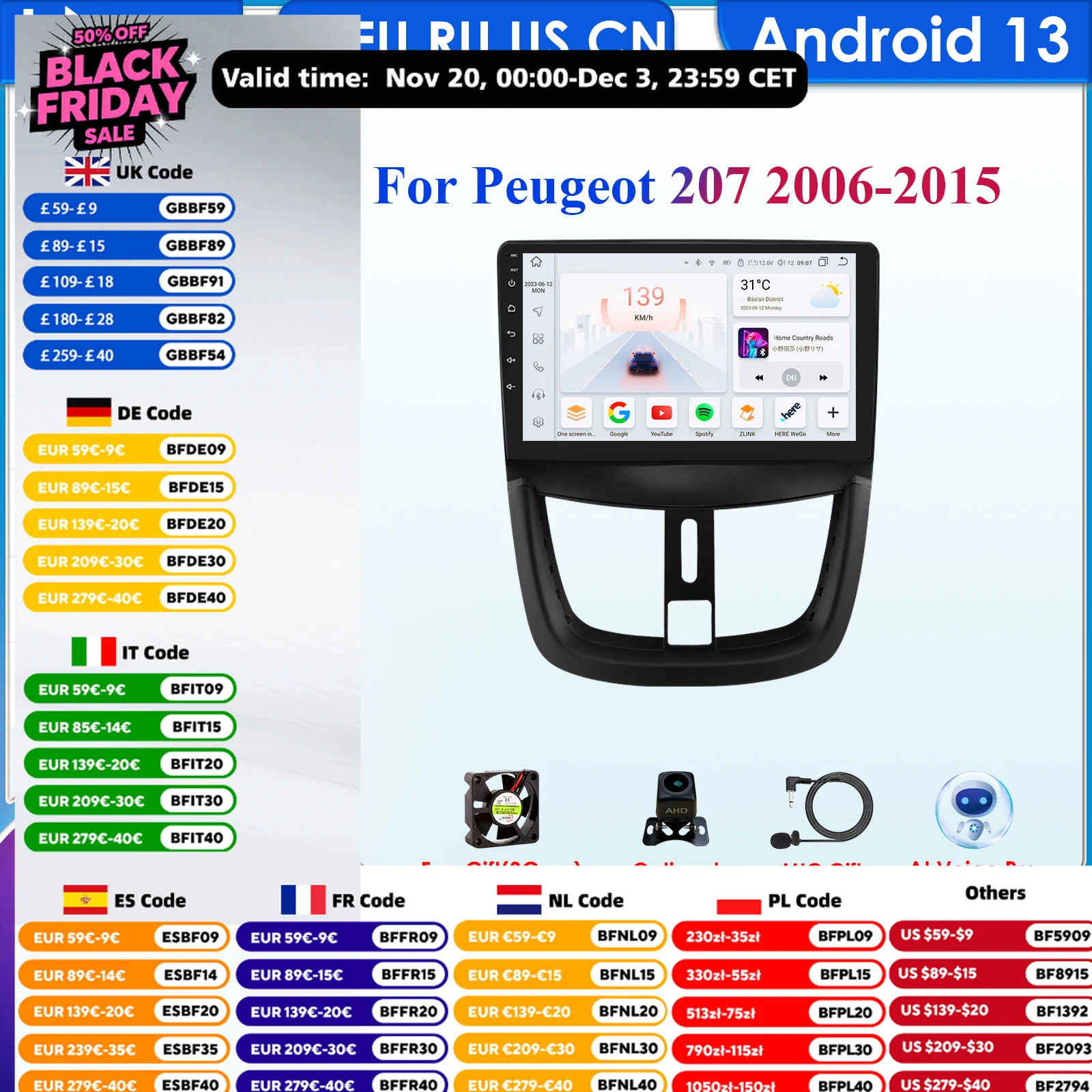 AutoRadio Android 14 Car Radio Multimedia Player for Peugeot 207 CC 207CC 2006 2007 2008 2009 2010 - 2015 2Din GPS Stereo Video