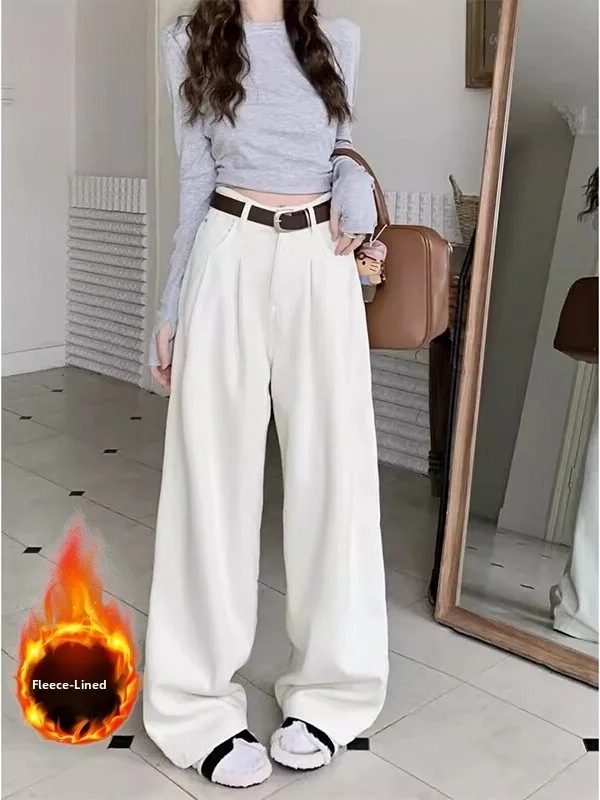 กางเกงยีนส์ทรงตรงเอวสูงขายาวทรงขากว้างสำหรับผู้หญิง รุ่นใหม่สำหรับฤดูใบไม้ร่วงและฤดูหนาว สไตล์เรโทรอบอุ่น