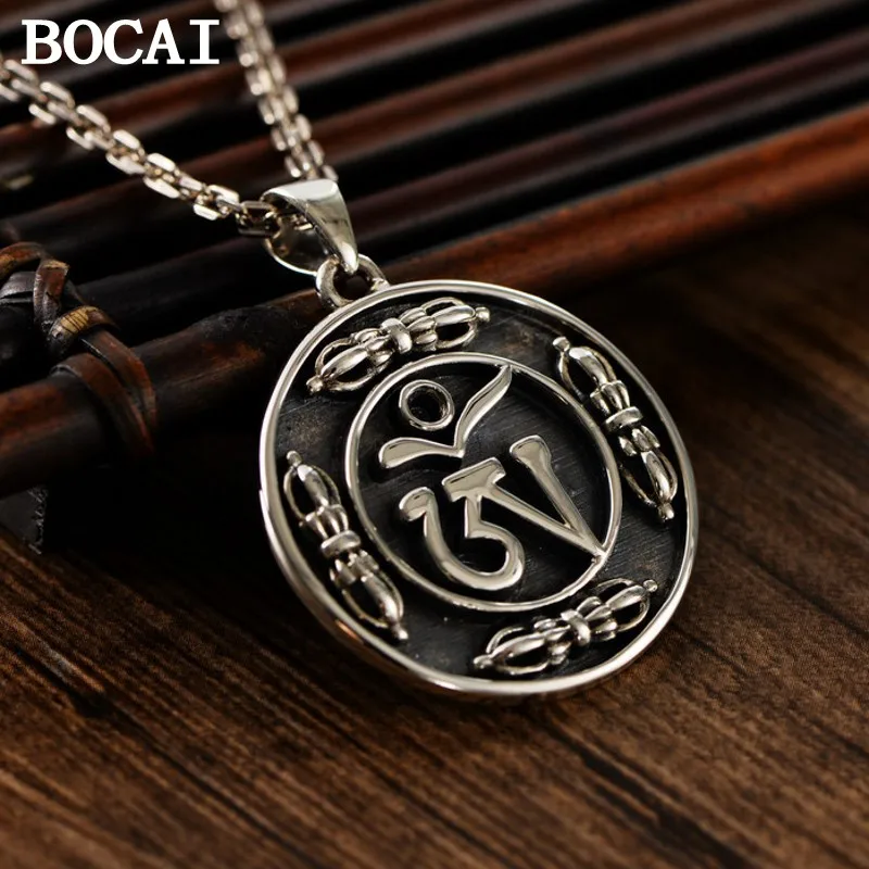 

BOCAI New S925 Sterling Silver Vintage Fashion Sanskrit Six Character Truth Diamond pestle Pendant Male Gift