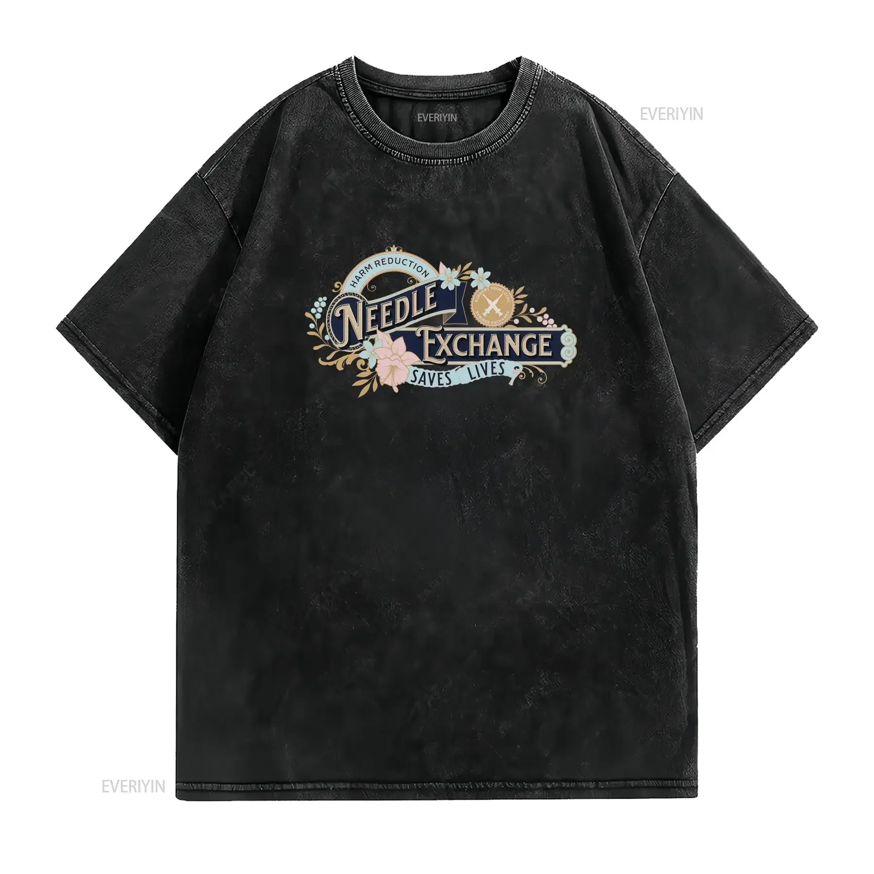 Vintage Retro Harm Reduction Needle Exchange Saves Lives Floral Print Casual T Shirt vintage Washed Stylish Soft Stretched