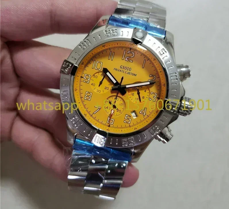 Luxury New Mens Quartz Chronograph Watch Stainless Steel Bracelet Classica Black Blue Leather Yellow Dial Watches