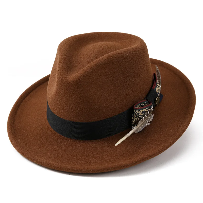 Breitkrempiger Fedora-Hut für Herren mit Federband, Vintage Jazz-Hut, Herbst-Winter, Hochzeit, Party, Reisen, Casual, Mode, formelle Kopfbedeckung – Detail 12