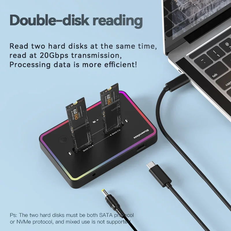 Lenovo offline clone Dual Protocol m.2 ssd case Ssd Docking Station Type C 10Gbps for PCIe NVME or sata 2 bay SSD enclosure view 3