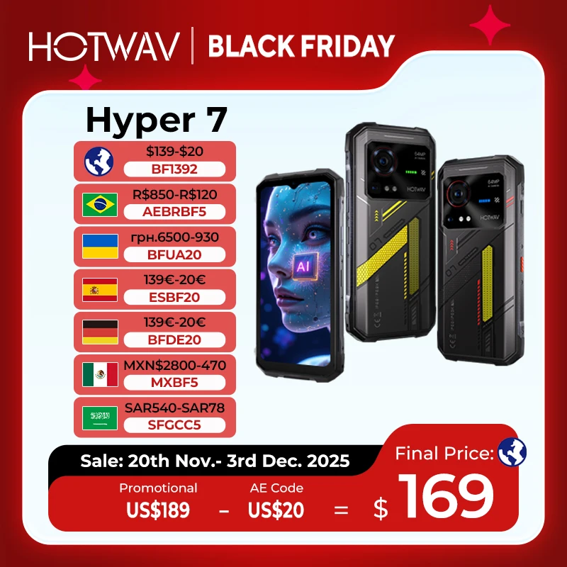 HOTWAV Hyper 7 5G Rugged Phone 6.6'' FHD+ 2K Display 10800mAh Mobile Phone 280LM 64MP Smartphone 8GB 256GB Android 14 Cellphone