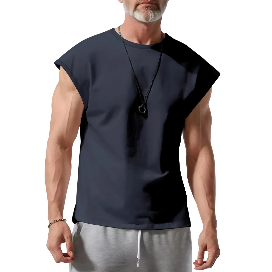 Mens Summer New Sleeveless T-shirt Youth Casual Loose Solid Color Thin Kam Shoulder T-shirt for Men