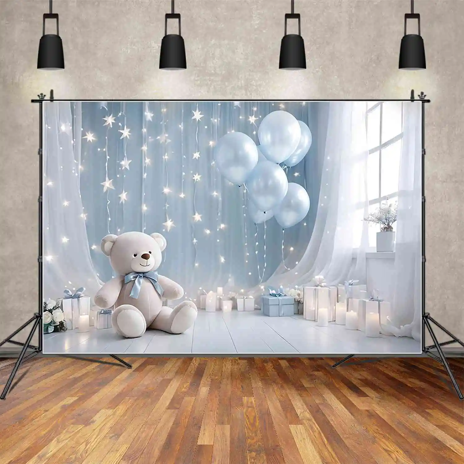 MOON.QG Teddy Bear Draping Cloth One Birthday Backdrops Children Blue Balloon White Backgrounds Party Decoration Photocall Props