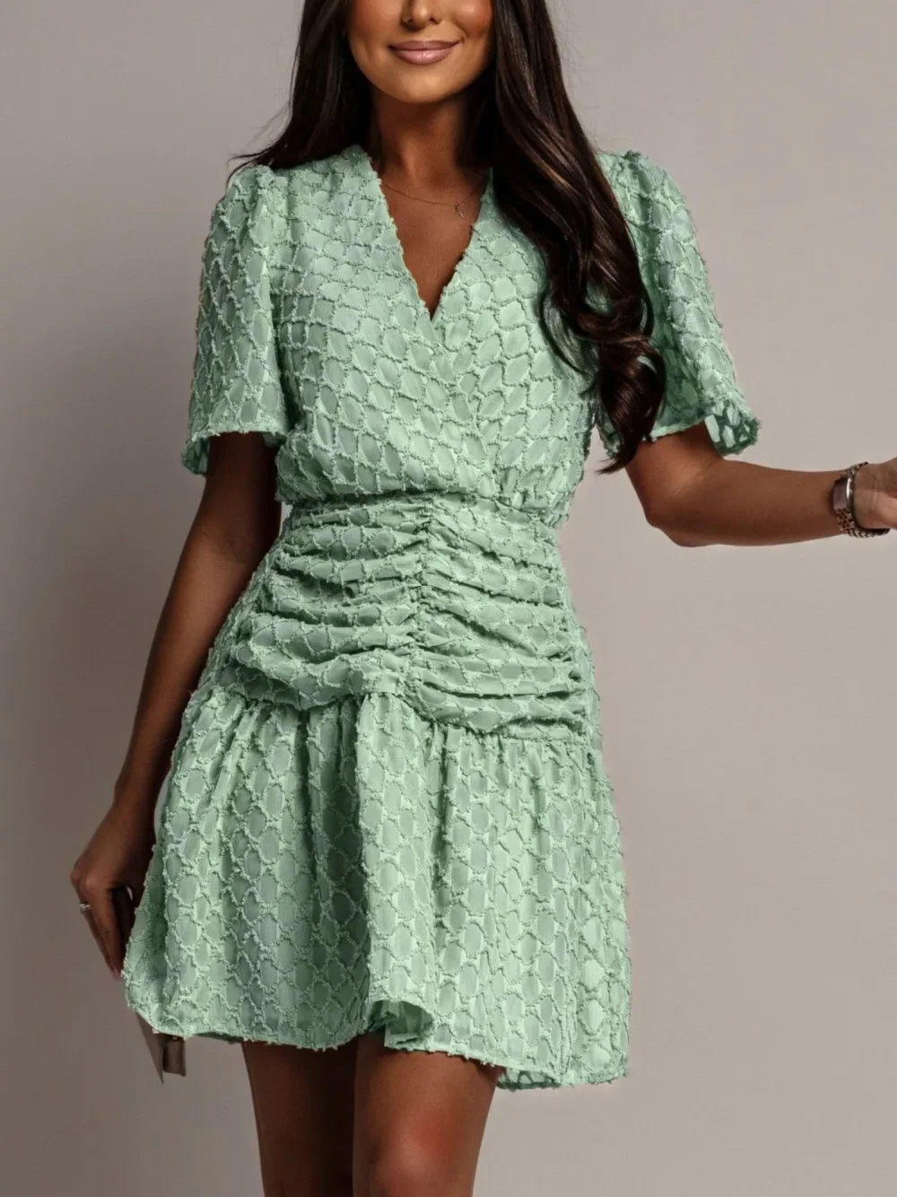 

Summer Casual Solid Dress Women Fashion Office Ladies V-neck Short Sleeved Pleated A-line Dress Women