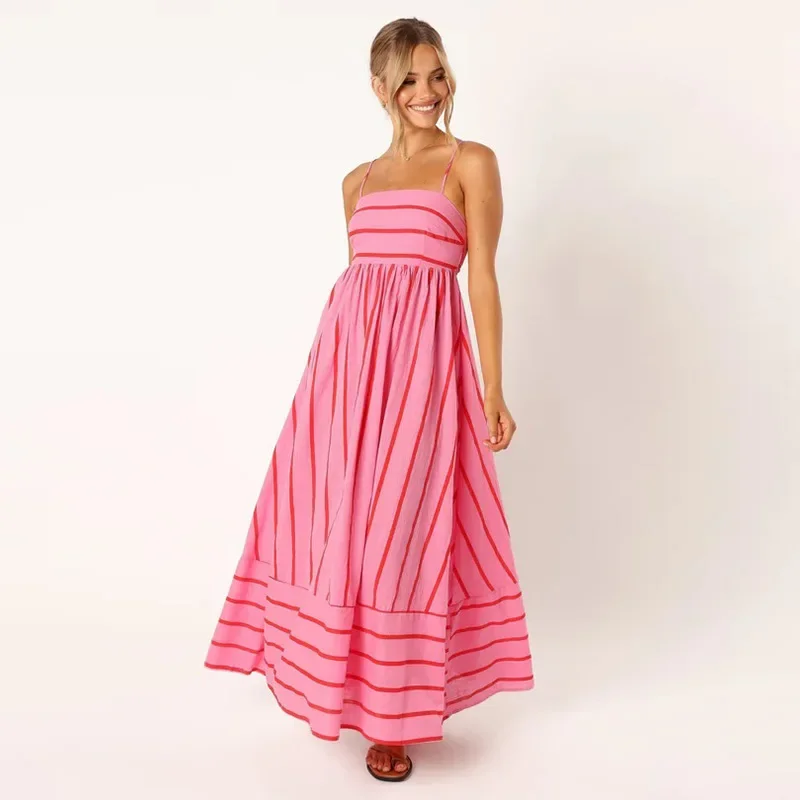 

Striped Slip Slash Neck Women Beach Dress Pleated Sleeveless Backless Female Dresses 2024 Spring Summer Fashion Lady Robe