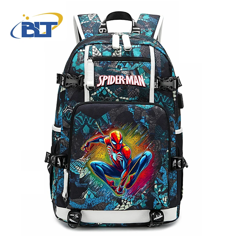 

Spiderman printed student schoolbag youth backpack usb travel bag kids gift for boys and girls