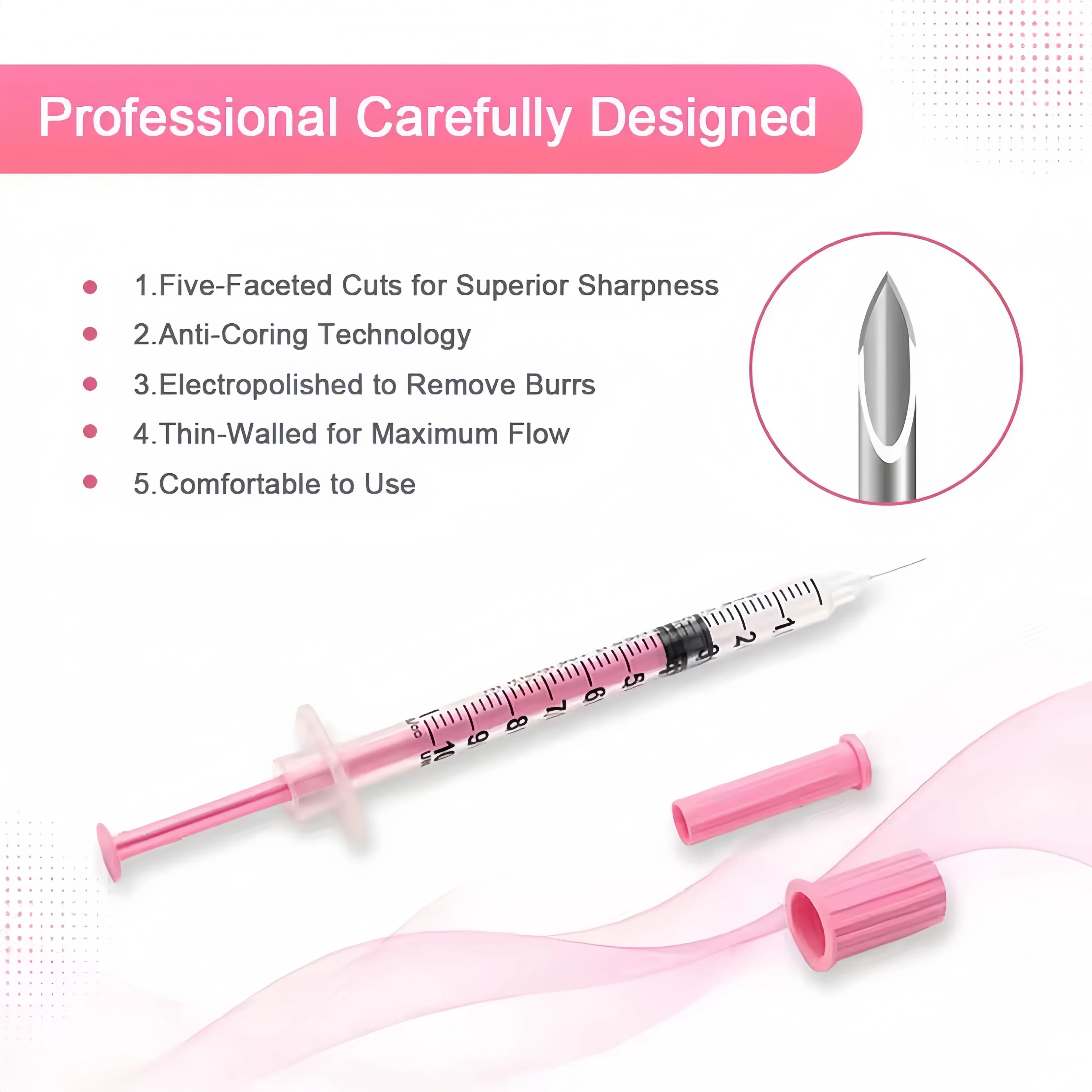 1ml 31G (6mm) Einweg-Veterinärspritze aus rosa Kunststoff, sterile Insulinspritze, ausgestattet mit einem rosa Kappe und Nadel, geeignet für den Einsatz bei Haustieren, Nutztieren und in Laboren. – Detail 4
