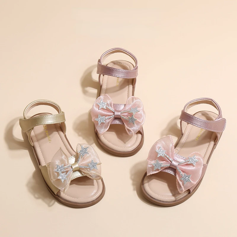 Girls Sandals Summer Fashion All-match Sequins Lace Bow Princess Shoes Soft Falt Heels Children Beach Kids Footwear Hook & Loop