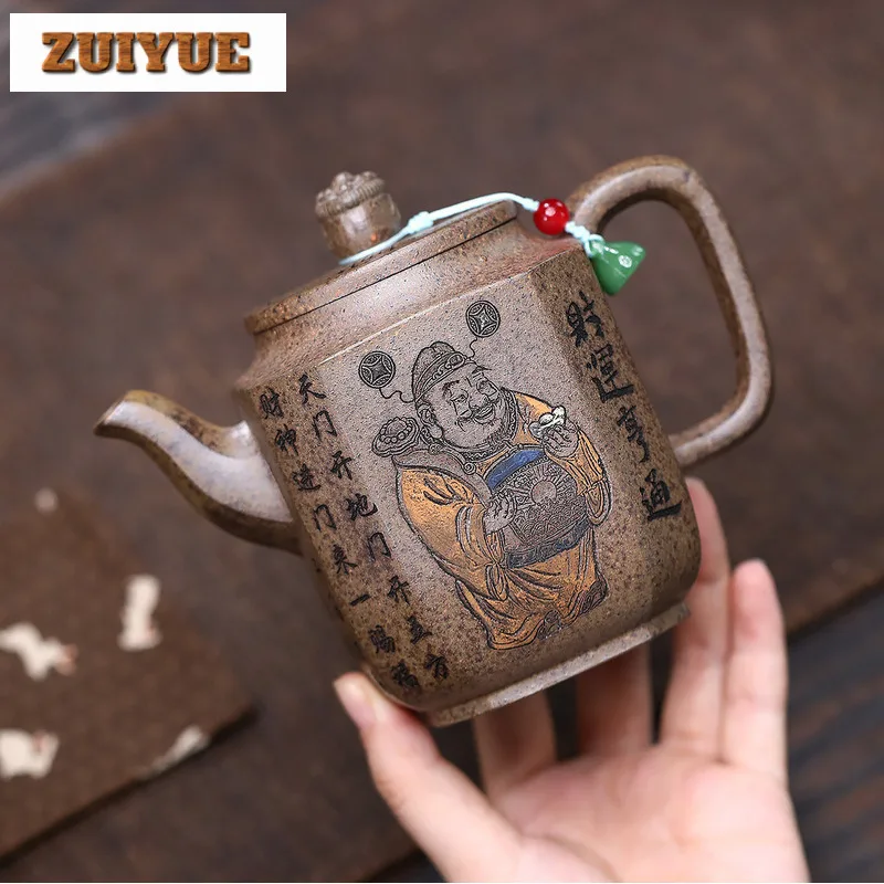 

420ml Yixing Purple Clay Teapots Handmade Square Wealth Pot Raw Ore Wood-fired Porcelain Mud Tea Maker Kettle With Infuser Zisha