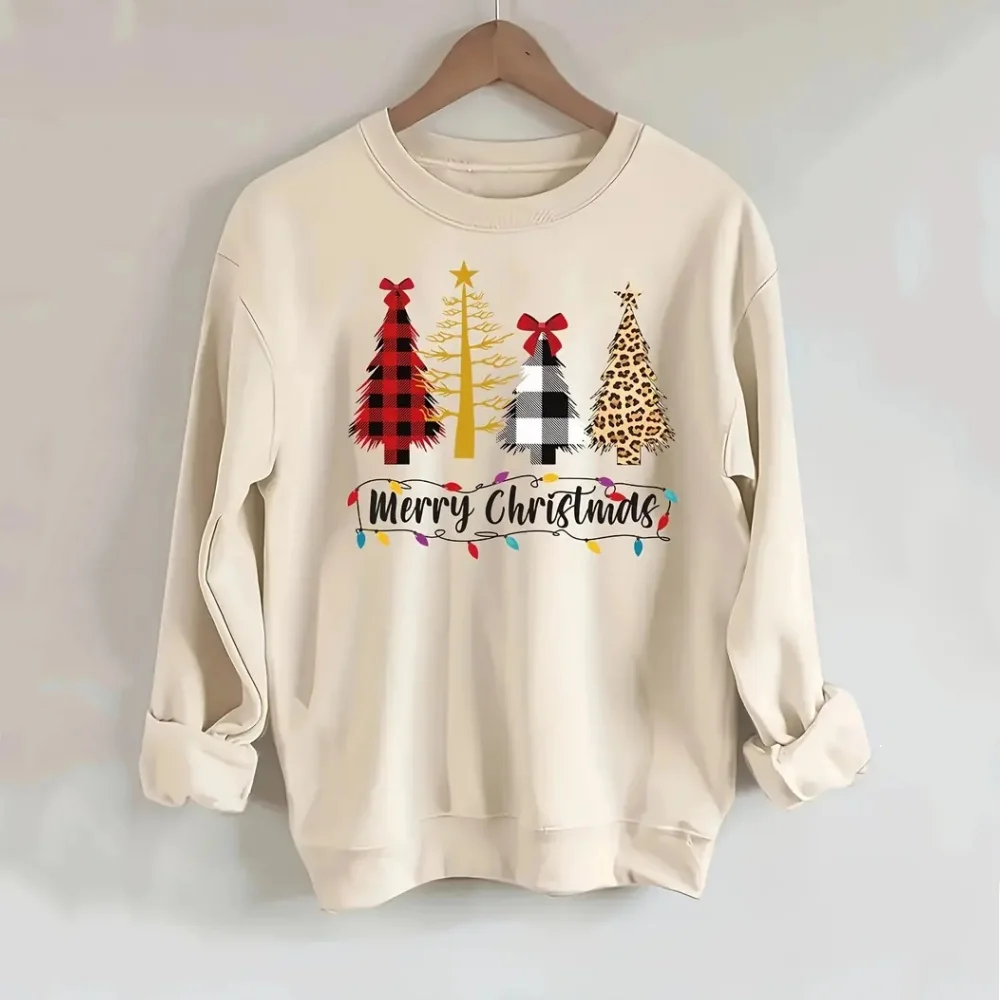 Christmas Cartoon Women\'s Hoodie Autumn/Winter Round Neck Long Sleeved Party Christmas Tree Print Design Cheap Clothing 2024 New