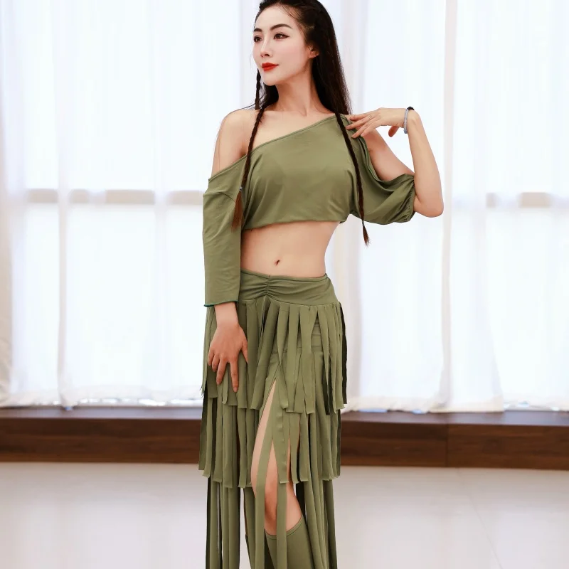 buikdanskostuum losse en comfortabele top + lange rok met kwastjes voor professioneel danspak voor dames