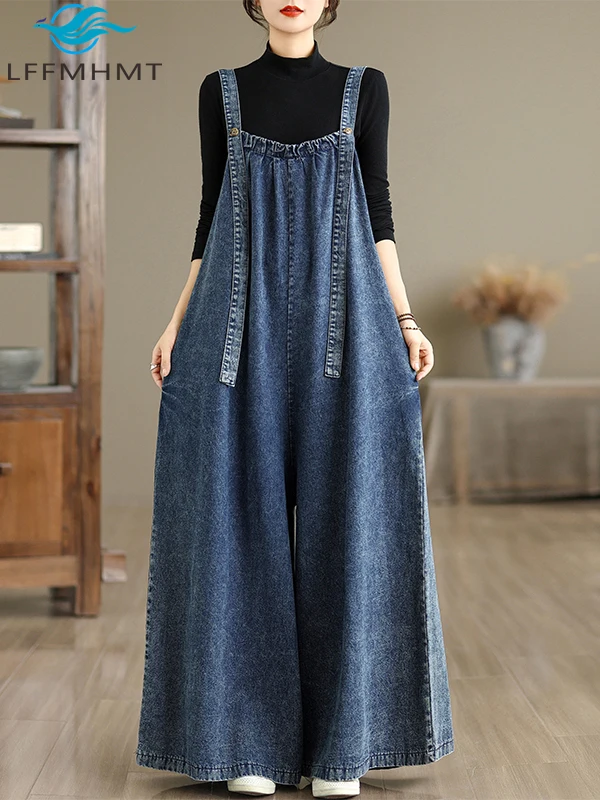 

Женские джинсовые комбинезоны, широкие брюки, весна-осень, длинные свободные комбинезоны в стиле ретро, всесезонные универсальные джинсовые комбинезоны