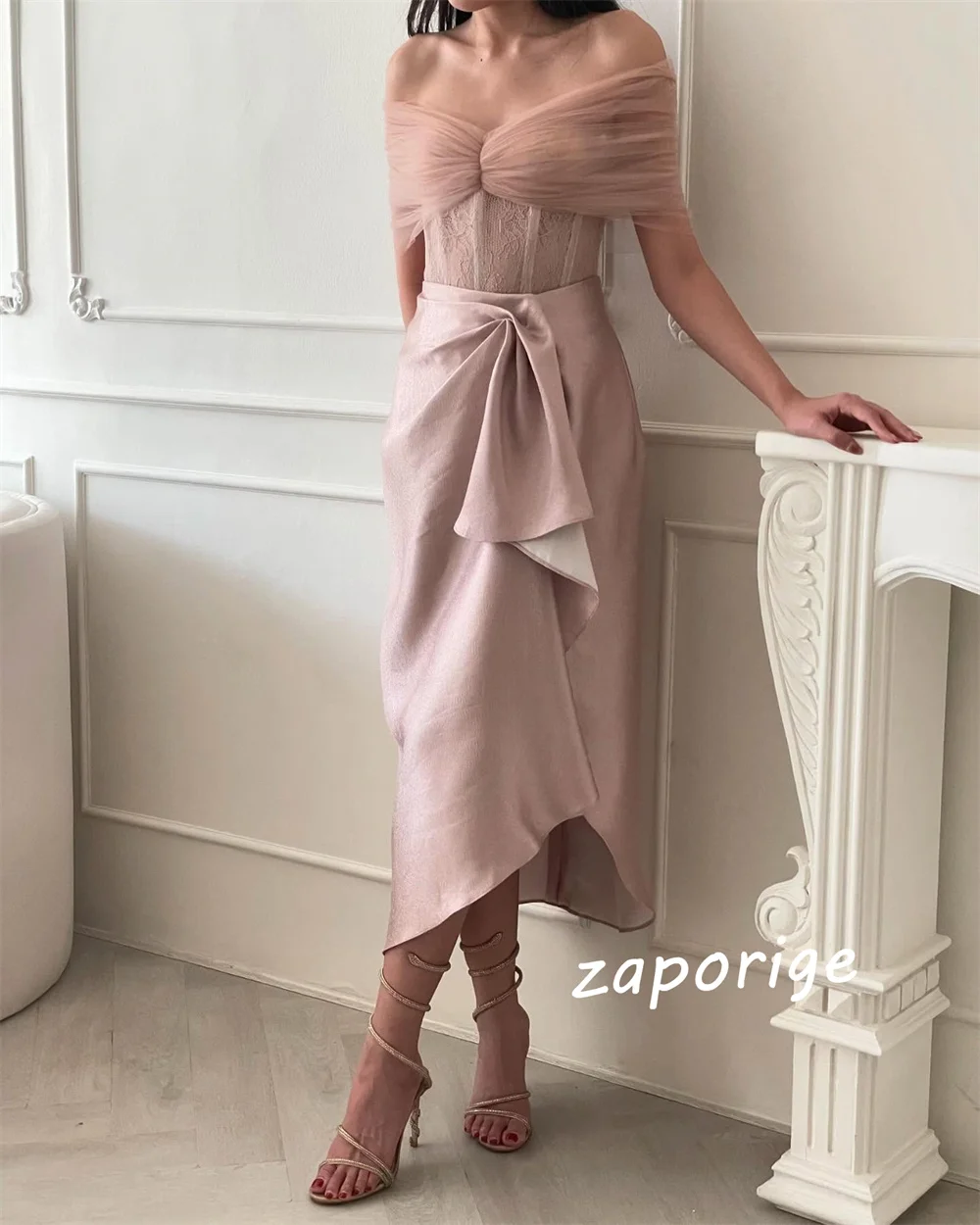 Customized Charmeuse Bow Pleat Straight Off-the-shoulder Midi Dresses Bespoke Occasion Party Exquisite