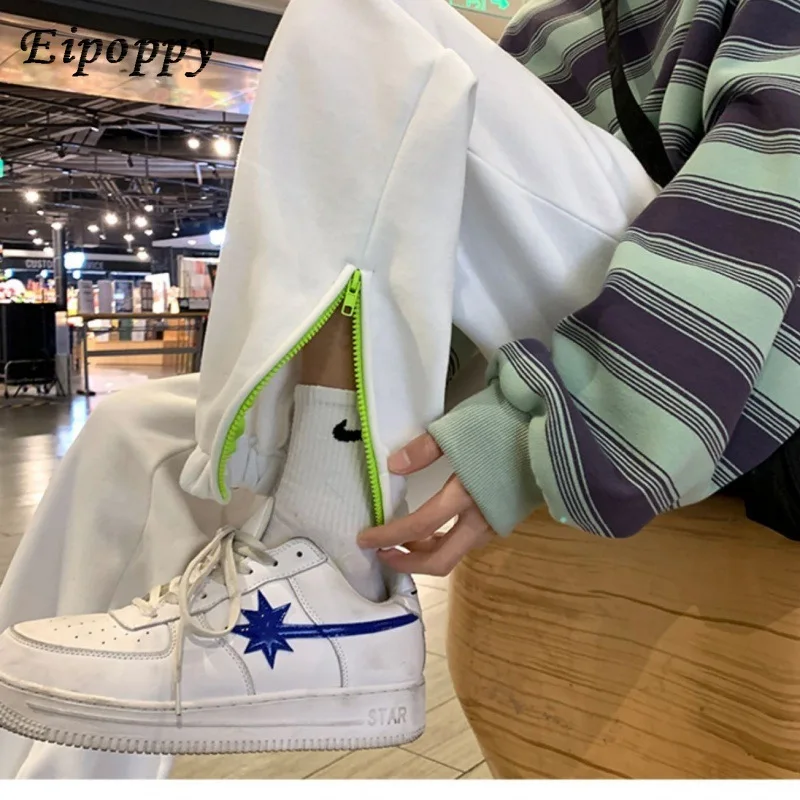 سراويل رياضية غير رسمية نسائية بسحاب ، سراويل برباط للكاحل ، طراز كوري ، سراويل حريمي فضفاضة ، متطابقة بالكامل