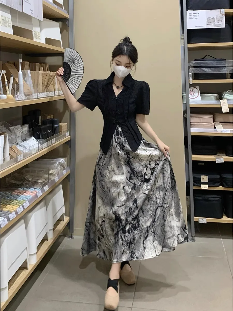 Ensemble de cardigans noirs à manches courtes pour femmes, jupes mi-longues boutonnées, taille haute, ligne A, style chinois vintage, été chic