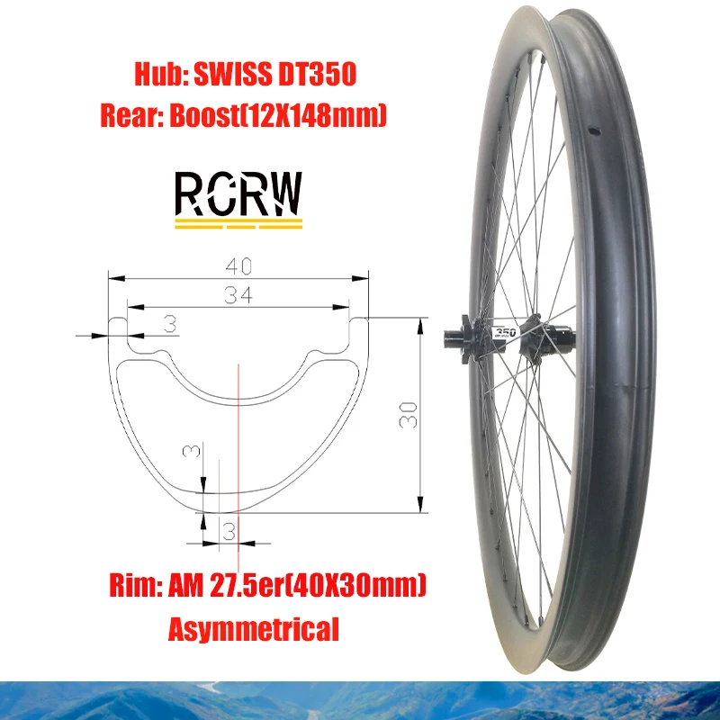 27.5er/650B MTB AM 40X30mm Rear Carbon Wheel 28Hole Tapeless Rim Wide 40 Deep 30 SWISS DT350 Boost 36T SHI XD XDR MS Hub Wing20