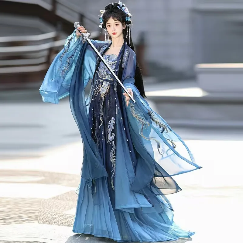 

Hanfu Dress Women Chinese Ancient Traditional Blue Embroidered Hanfu Suits Female Halloween Cosplay Costume Plus Size XL