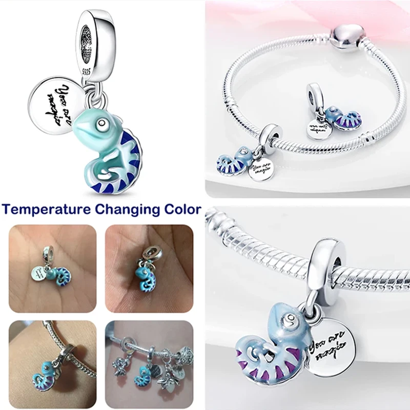 Charms de Plata de Ley 925 para mujer, abalorios luminosos de luciérnaga, camaleón, avión, equipaje, compatible con pulsera Pandora, colgante,