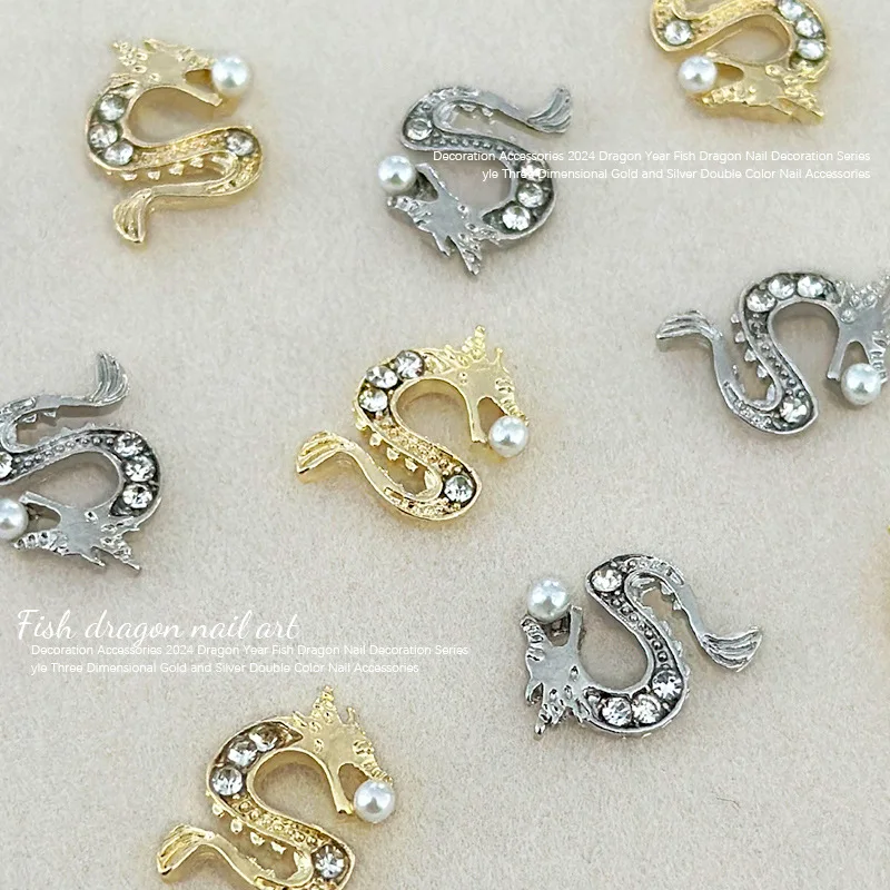 10PCS Chinese Dragon Loong Nail Art Charms Alloy Parts Rhinestone Pearl Accessories For Manicure Nails Decoration Supplies Tool
