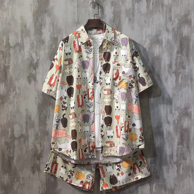 

Loose ort Sve Hawaiian Sle Set Hong Kong Retro Floral Men's Casual Sportswear Polyester Fiber Summer Faion