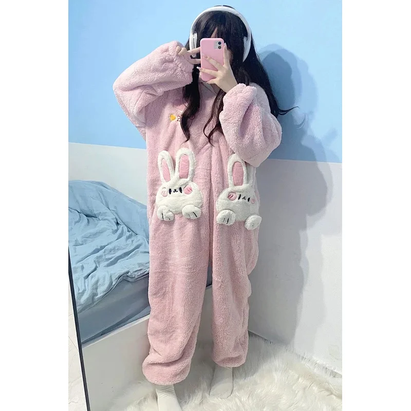 Autumn Winter Women Cute Onesies Pajamas Coral Fleece Warm Cartoon Rabbit Ears Hooded Sleepwear Girls Sweet Home Clothes Pyjamas