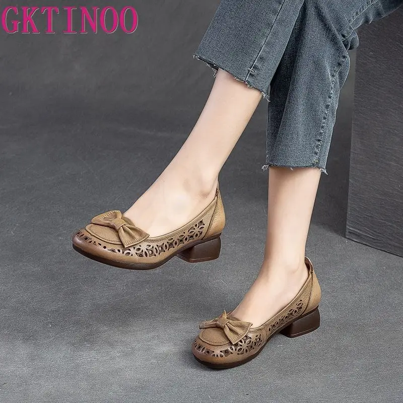 GKTINOO Genuine Leather Sandals Women Low Heels Shoes 2024 Spring Summer Round Toe Soft Sole Women\'s Fashion Shoes Big Size