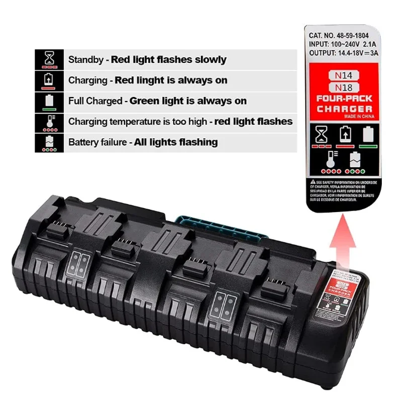 For Milwaukee 14.4V 18V Li-ion Battery Charger Rapid Optimum 4-Port 3A Charging Current Replacement Battery Charger N14 N18