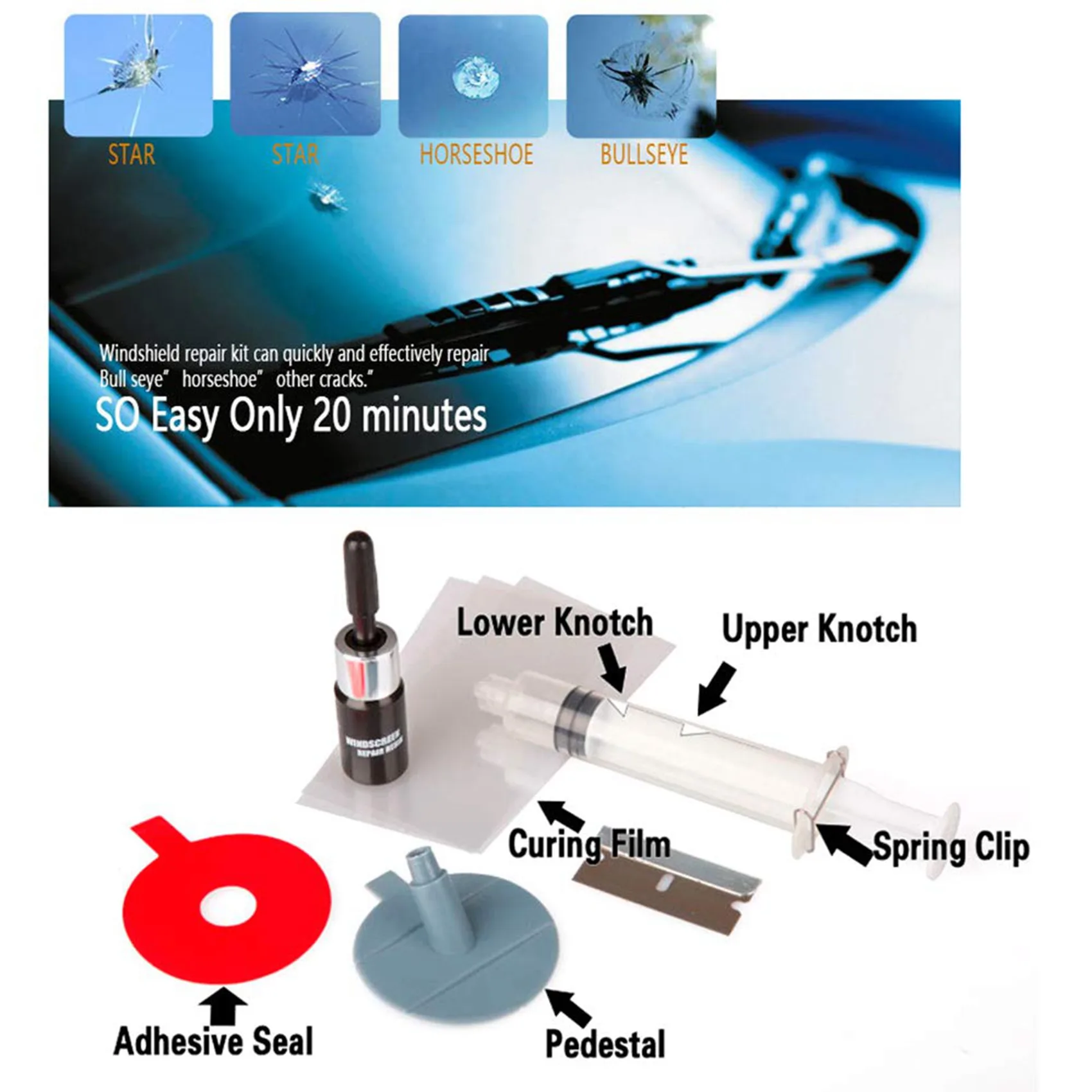 AB46-2X Windshield Repair Kit Cracked Glass Repair Kit To Fix Auto Glass Windshield Crack Chip Scratch