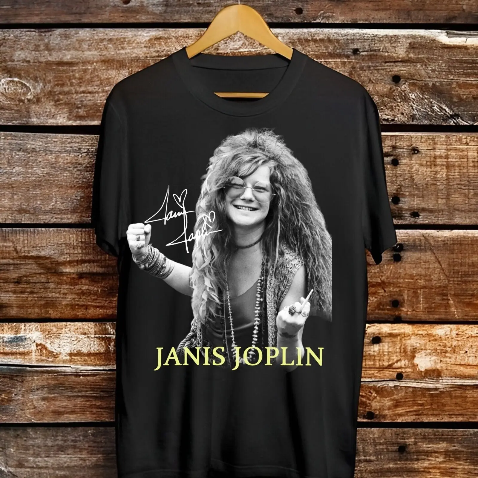 เสื้อนักร้อง janis Joplin เสื้อยืดผ้าฝ้ายสีดำ S-234XL