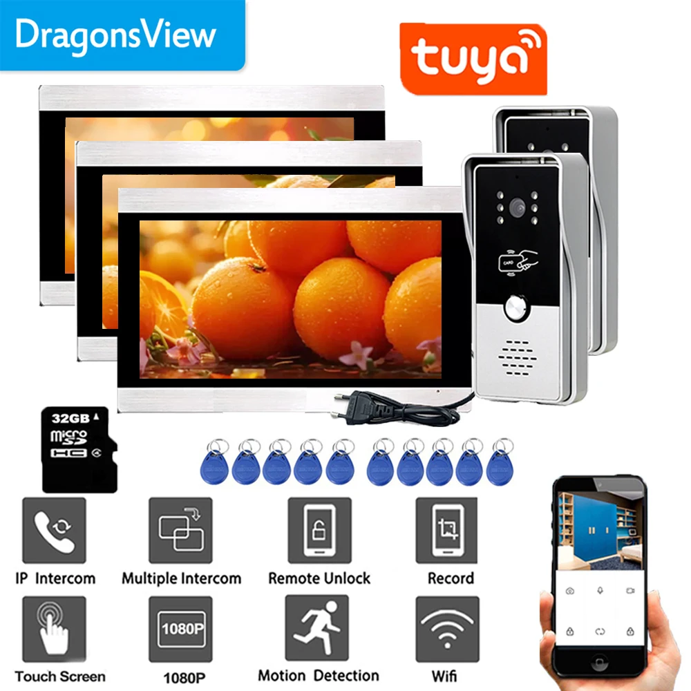 Dragonsview  2024 1080P 7 Inch Wifi Wireless Tuya Multiple Video Intercom Door Phone Doorbell Camera Call Transfer  Gate Unlock