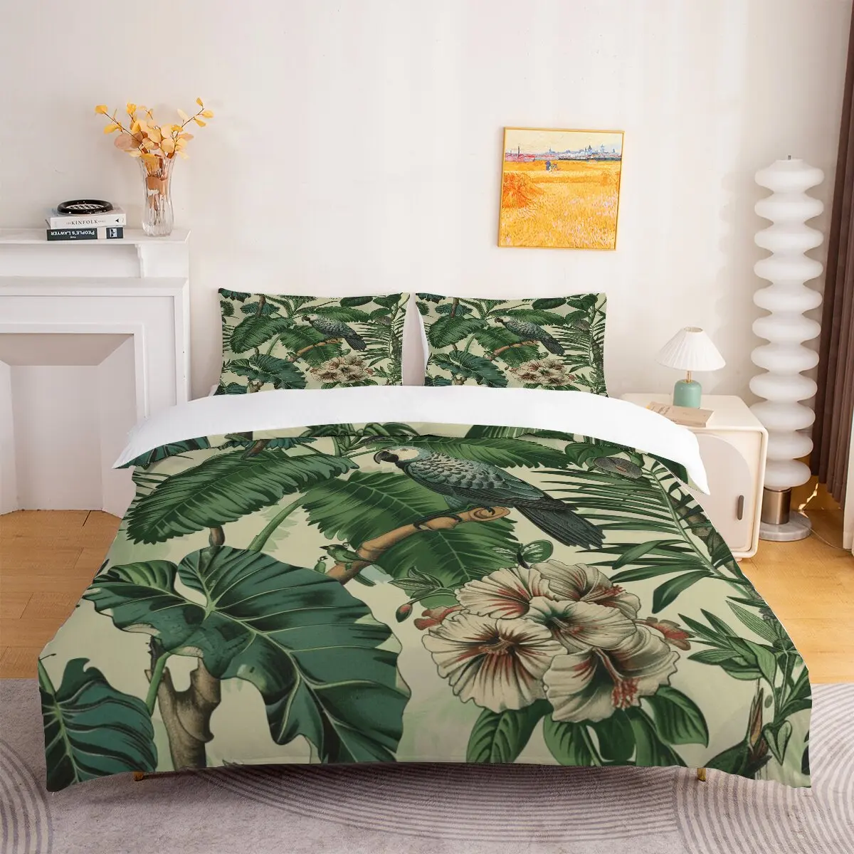 Juego de edredón de plumas con loros y flores, tamaño grande, decoración de habitación verde, juego de cama