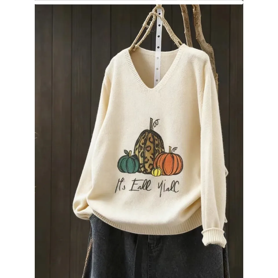 

Женский вязаный свитер больших размеров с V-образным вырезом, повседневный, с принтом, стройнящий, весенне-осенний, новый стиль, удобная рубашка с длинным рукавом