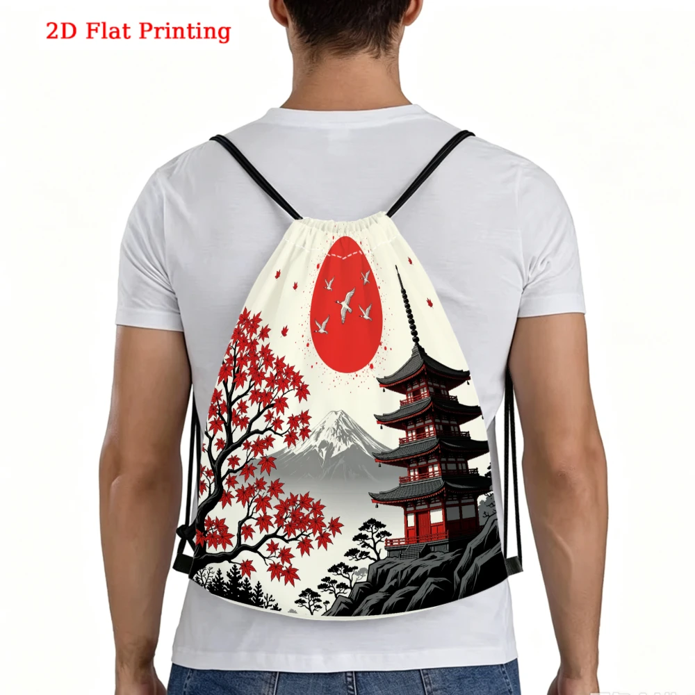 Japanese Style Red Sun Pagoda 2D Print Drawstring Backpack for Fitness Sports Outdoor Travel
