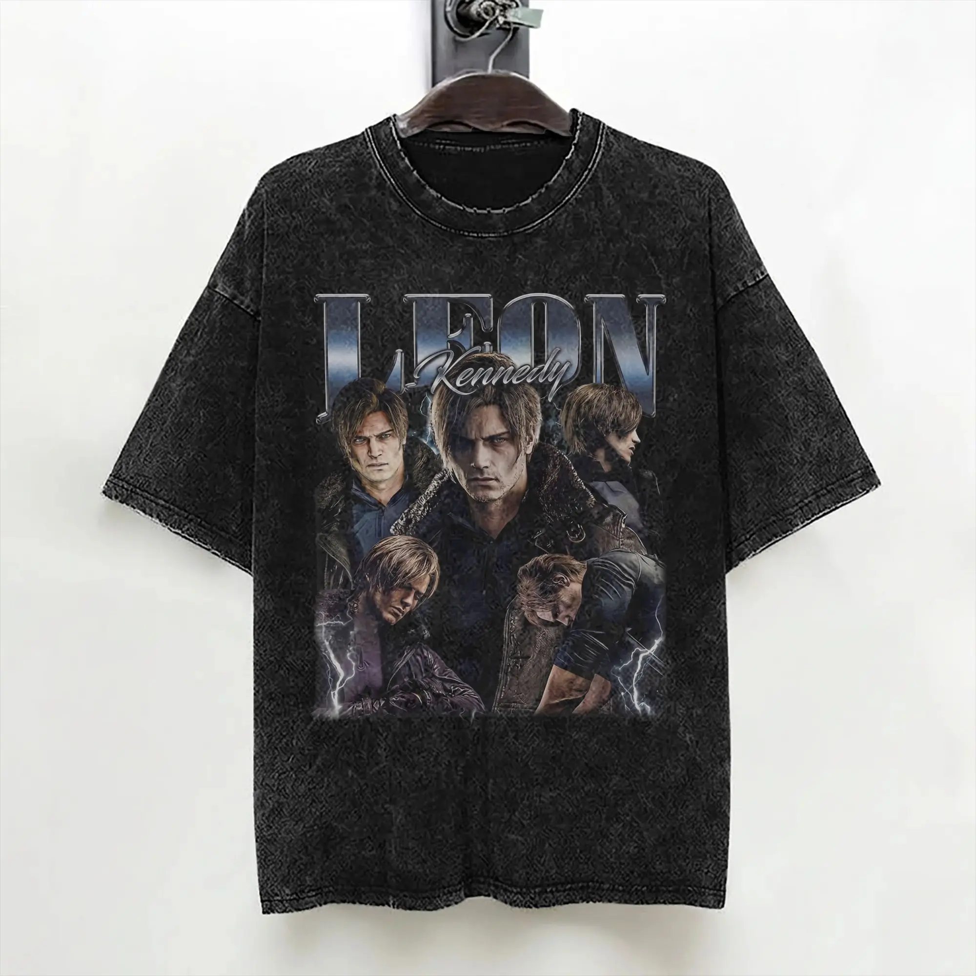 Leon S. Kennedy Washed T Shirts Streetwear Retro T-Shirt Tees for Men Women Cotton High Street Summer