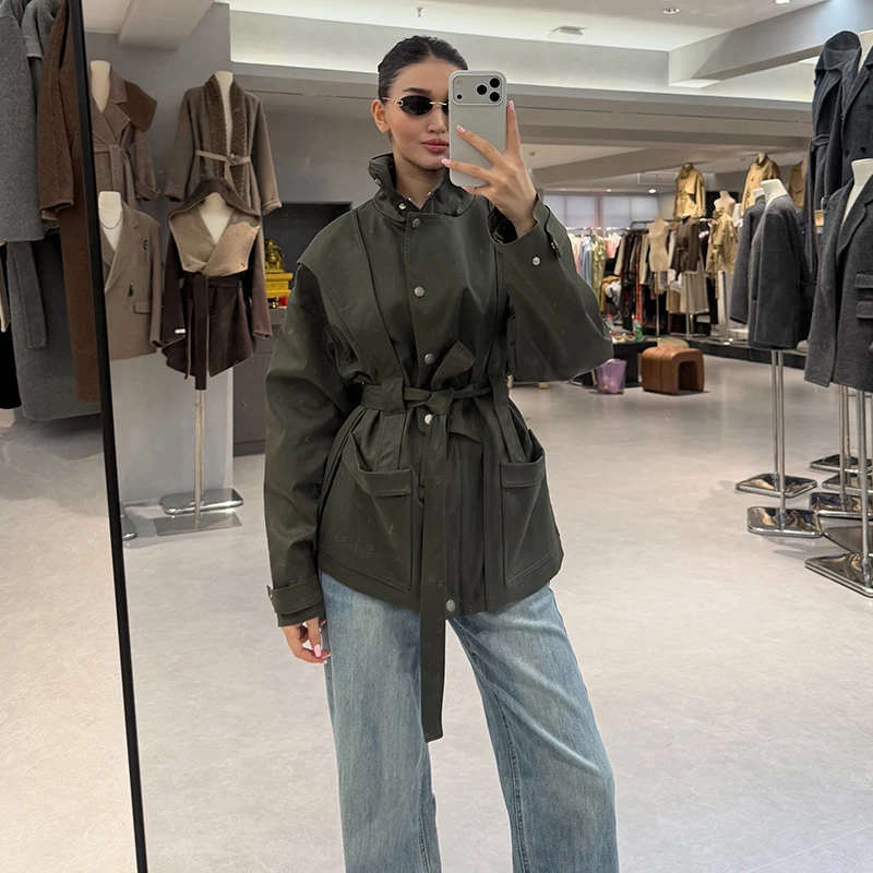 Damen-Windbreaker mit Revers und Schnürung, einreihiger Trenchcoat für Frühling und Herbst, langärmelige, schmale Jacke, neue Oberbekleidung – Detail 26
