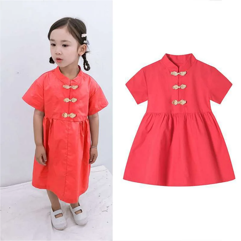 

2023 Summer New Girls' Short Sleeve Chinese Style Solid Color Qipao Cotton Children's Tang Suit Hanfu Princess Dress Simple Styl