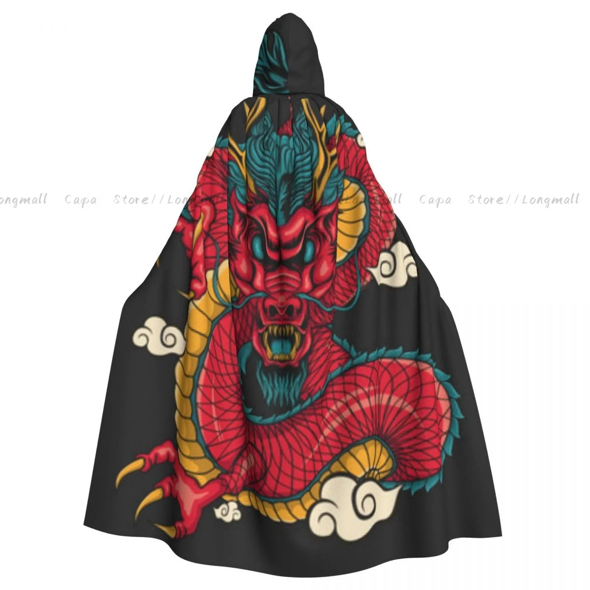 Gragon Print Cloak Hooded Cosplay Costume Halloween Adult Long Party Cape