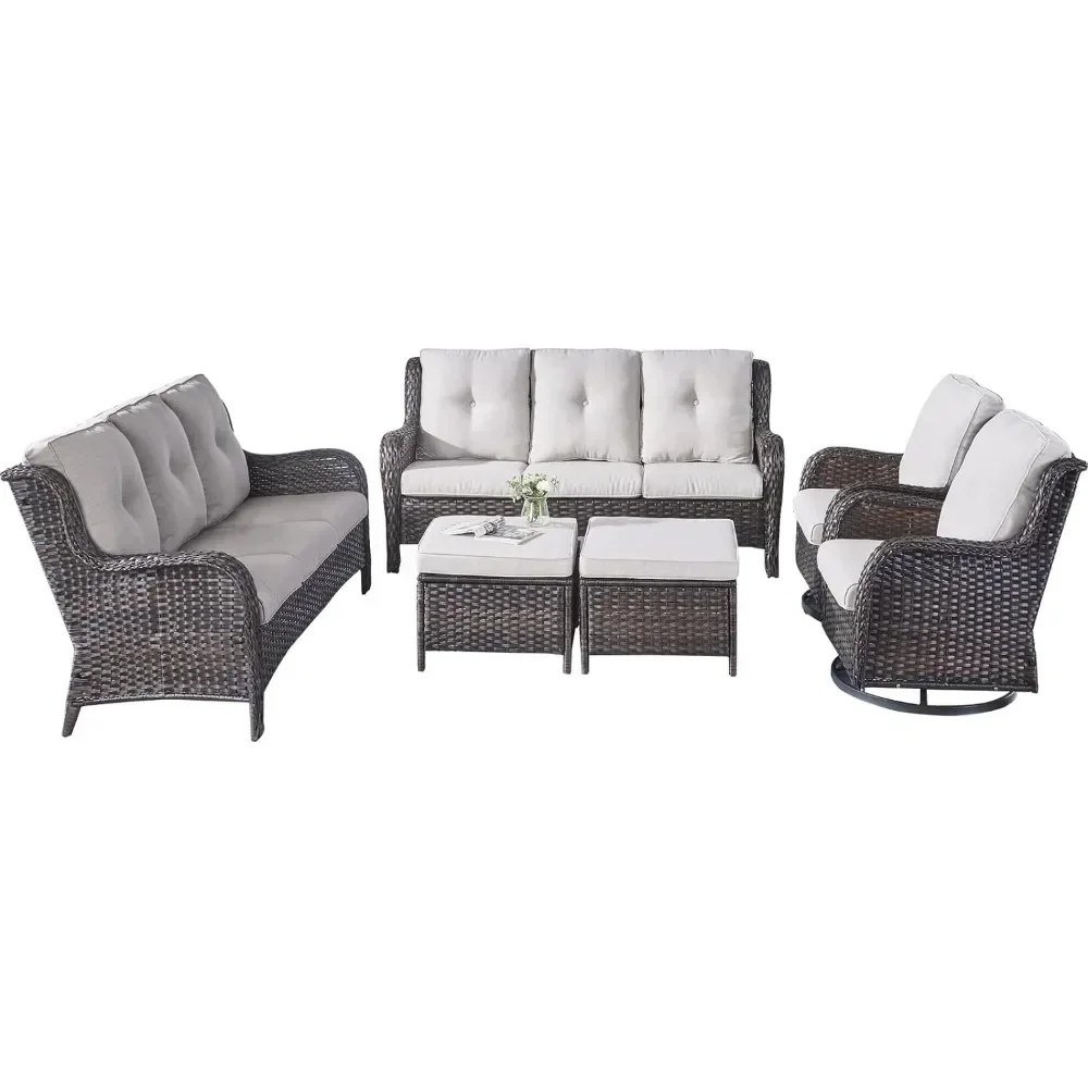 Rattan Outdoor Sectional Conversation Sets with 2 Rocking Garden Sofas,2 Ottomans and 2 Sofa for Porch Deck Garden