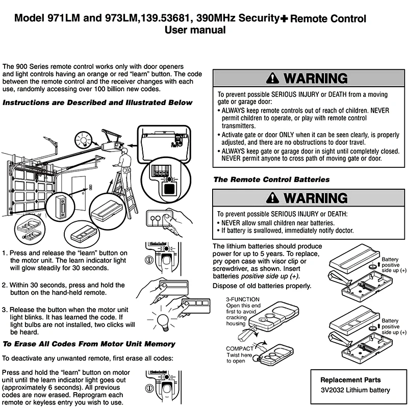 Liftmaster 973LM 971LM Security+ Remote Control For Garage Door 974LM 972LM 970LM  96LM 94LM 92LM 91LM 953CB 390MHz Garage Key - view 2