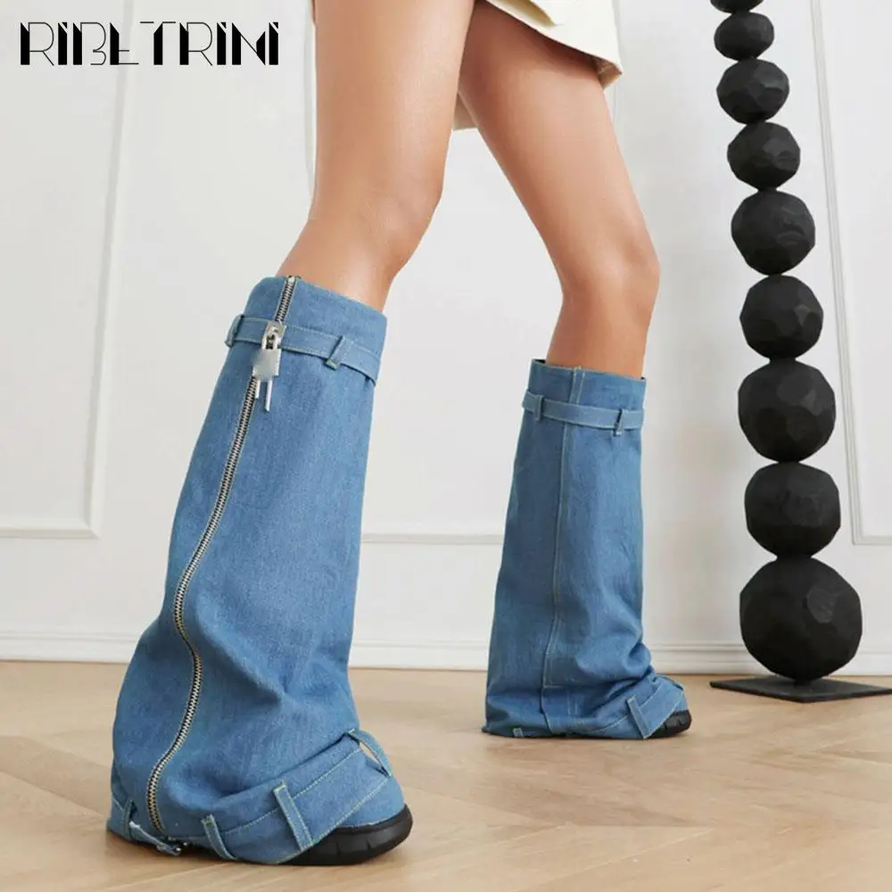 Denim Designer Women Padlock Fold Ocer Boots Designer Cool Fashion Luxury Motorcycle Shoes Wedges Platform non-slip Winter Boot