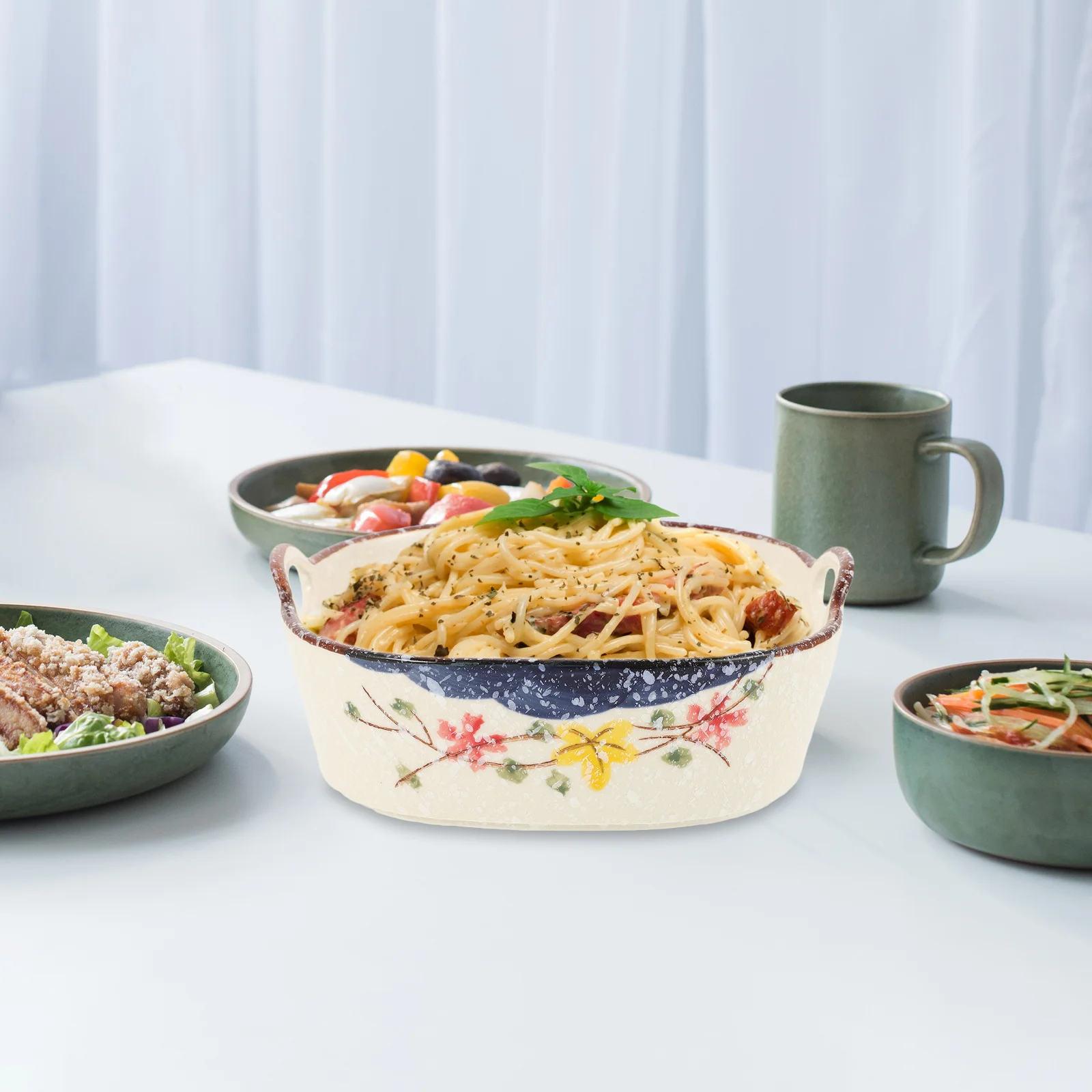 

Double Handle Ceramic Bowl Large Capacity Soup Noodle Dish Microwave Safe Porcelain Serving Bowl for Home Restaurant Bar Use