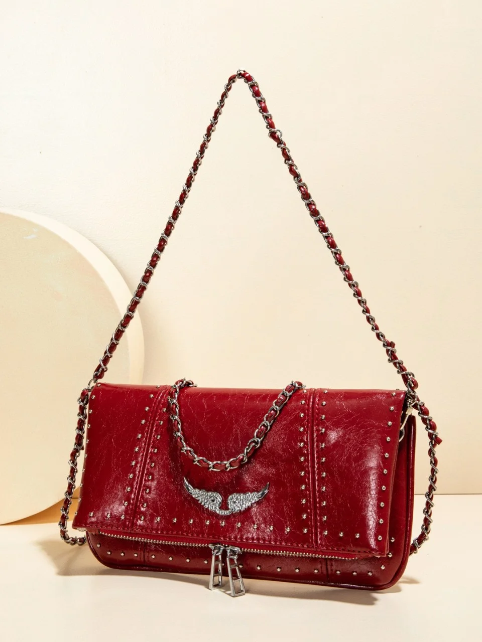 Bolso Bandolera Tipo Sobre Pequeño para Mujer 2026, Bolso de Hombro Casual de Cuero Encerado Negro Suave con Cadena de Remaches Plateados