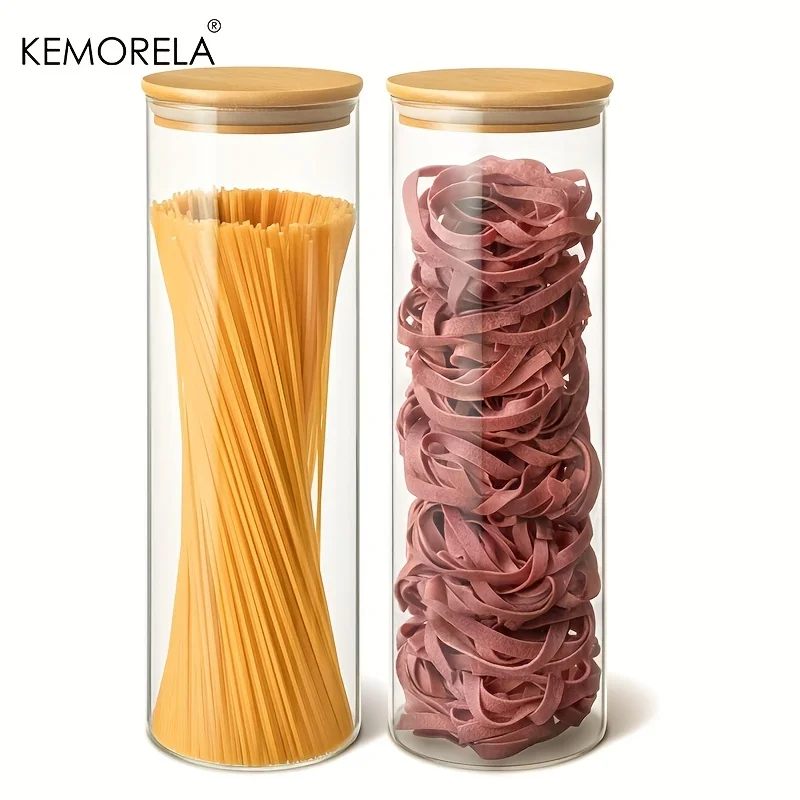 Bocaux de stockage de pâtes en verre hermétiques, avec couvercles ronds en bambou, réutilisables pour le riz Spaghetti et plus, lavables au lave-vaisselle, 1/2 pièces