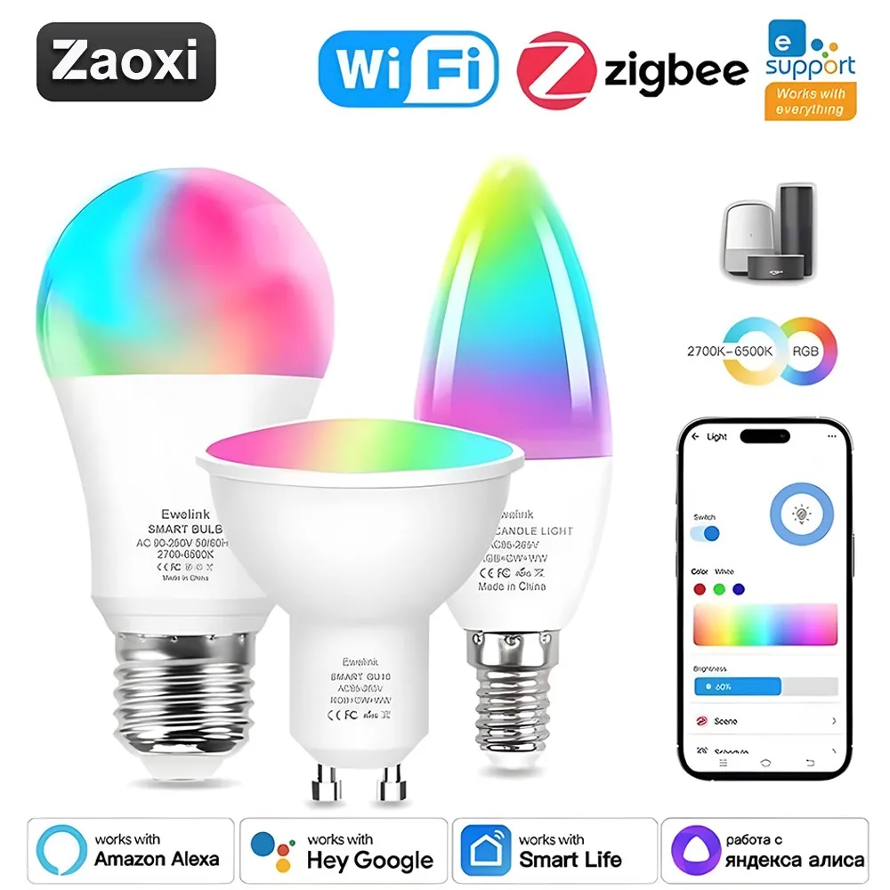 ZAOXI eWeLink Zigbee WIFI E27 E14 GU10 Smart Light Bulb Home Lighting RGB LED Light Support Alexa Google Voice Assistant Control