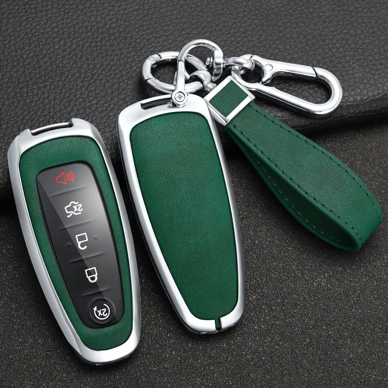 Zinc Alloy + Leather Car Key Case Cover for Ford Edge Explorer Escape Focus Taurus Flex Lincoln Navigator 5 Buttons Remote Key