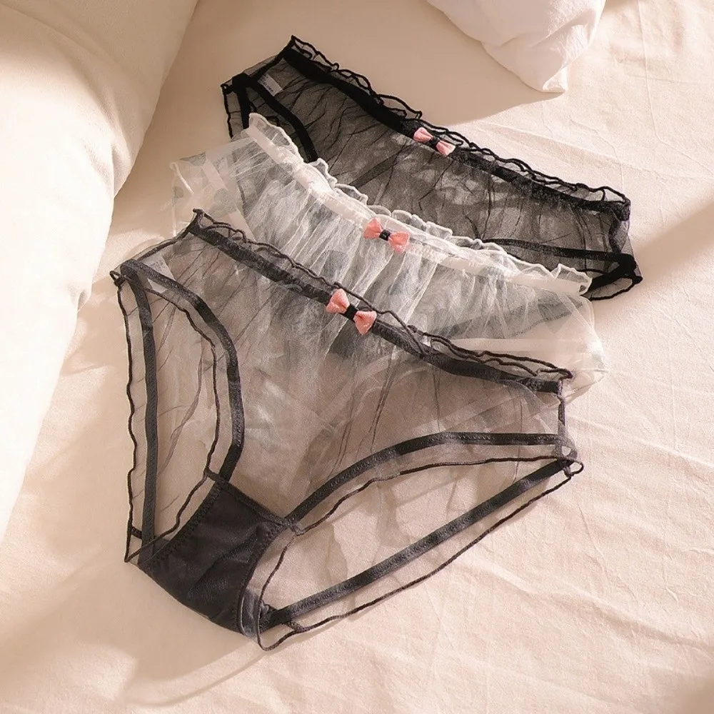 Culottes fines en dentelle à taille basse avec nœud et volants pour femme, lingerie sans couture en maille